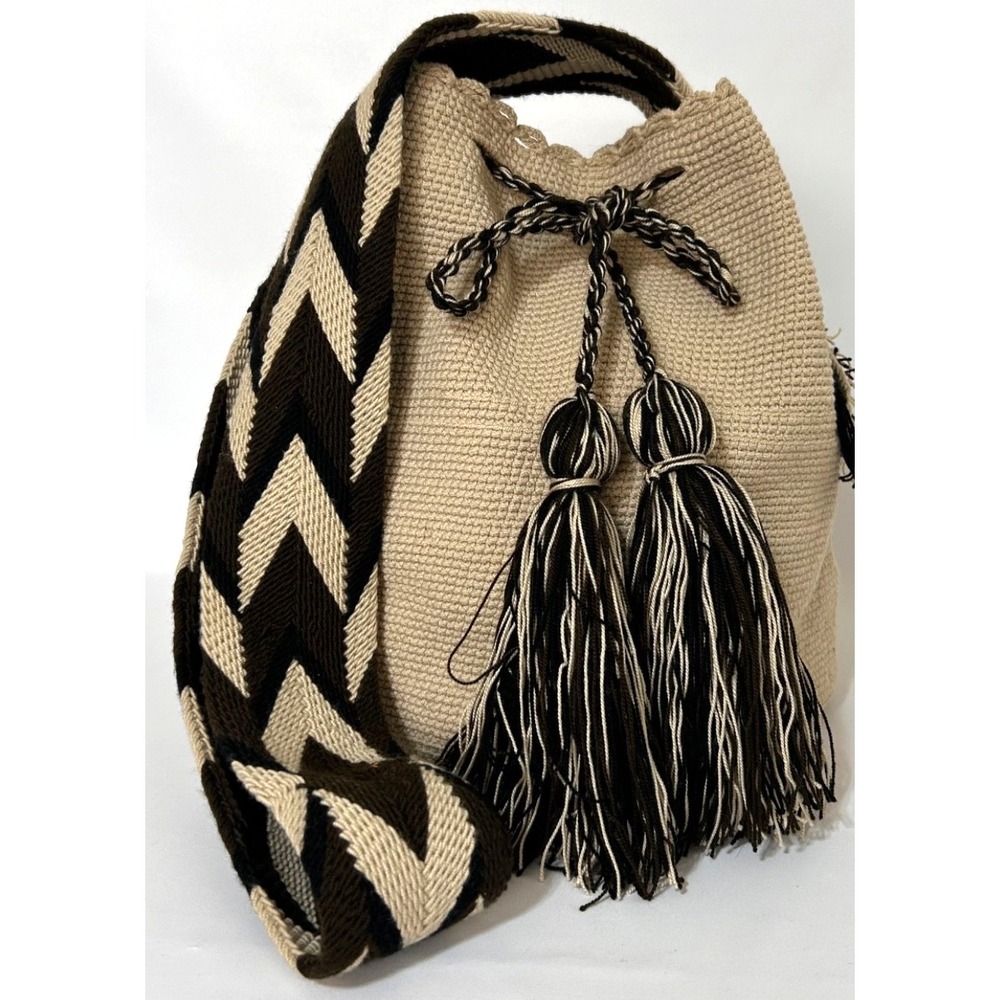 Wayuu Mochila Woven Bucket‎ Bag Crossbody Handmade Boho Tassel Black & Beige
